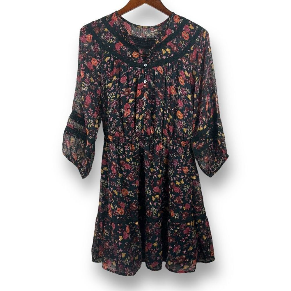 Loft Women's Size M Floral Clip Tiered Button Dress‎ Dark Floral Long Sleeve
